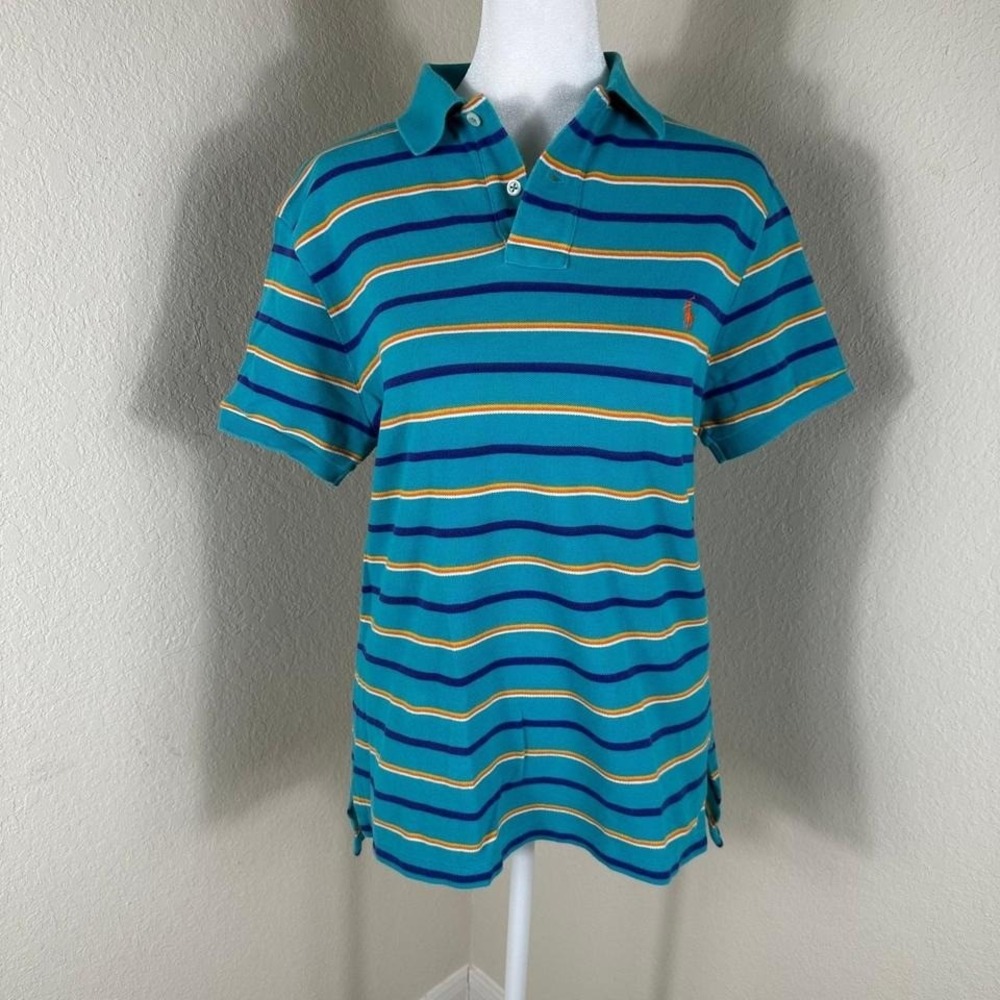 Polo Ralph Lauren Polo Shirt Women Small Teal Blue Striped Preppy Custom Fit